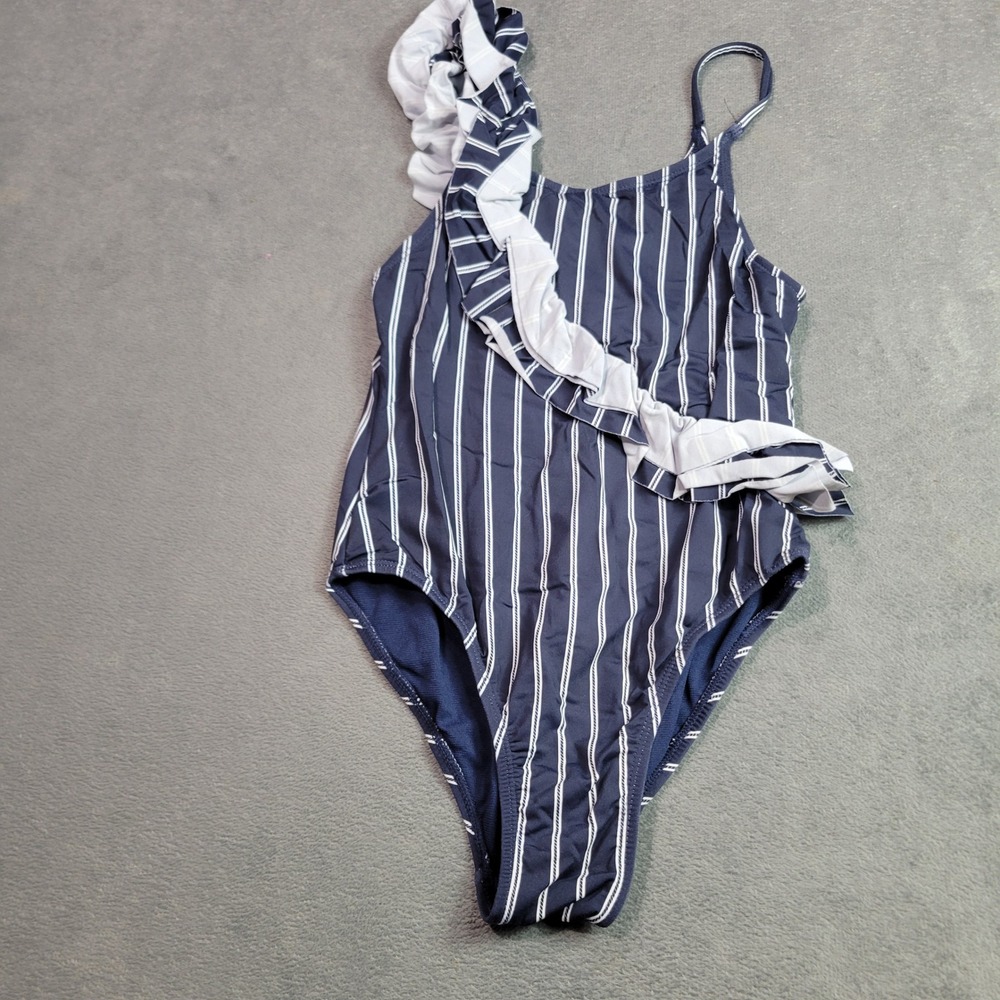 Habitual Kids Swimsuit Girl 12 Navy Blue White Striped Ruffle One Piece Swimwear
